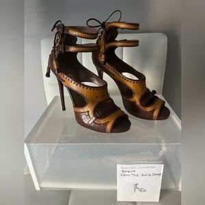 Tabitha Simmons Brown-Mustard Two-Tone Leather Peep-Toe Ankle-Strap Heels EU39.5
